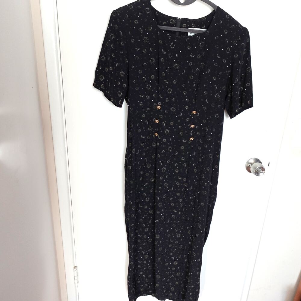 Vintage Michael Blake Sun Moon Stars Print Midi Dress Whimsigoth 80s 90s Size 8